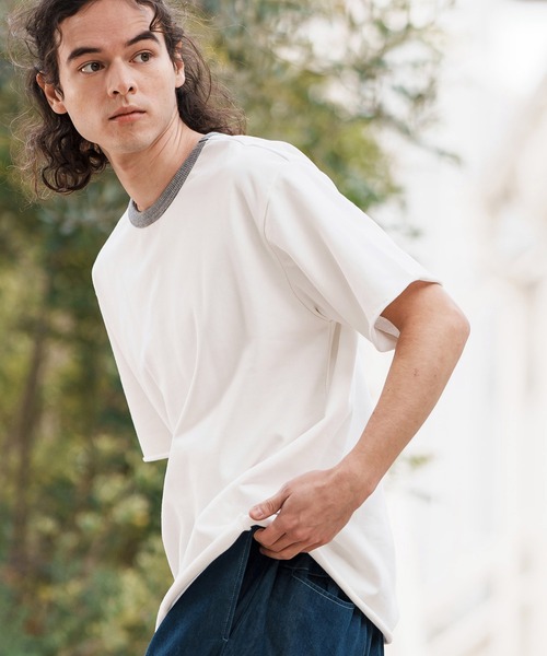 CAMBIO（カンビオ）の「mt9501-ミニ裏毛カットオフウェットリンガーT（Tシャツ/カットソー・メンズ・ホワイト×ブルー/ホワイト×グレー/チャコールグレー×ブラック/グレー×ピンク・S/M/L）」の3枚目の写真