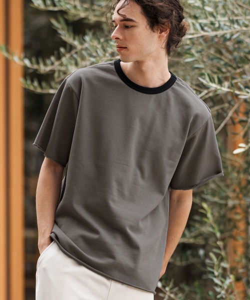 CAMBIO（カンビオ）の「mt9501-ミニ裏毛カットオフウェットリンガーT（Tシャツ/カットソー・メンズ・ホワイト×ブルー/ホワイト×グレー/チャコールグレー×ブラック/グレー×ピンク・S/M/L）」の5枚目の写真