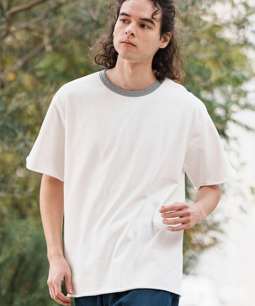 CAMBIO（カンビオ）の「mt9501-ミニ裏毛カットオフウェットリンガーT（Tシャツ/カットソー・メンズ・ホワイト×ブルー/ホワイト×グレー/チャコールグレー×ブラック/グレー×ピンク・S/M/L）」の19枚目の写真