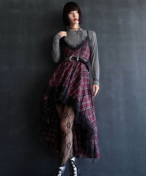 HARE エッジモード タータンチェック レース ブラウス レッド HARE