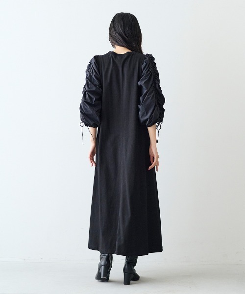 MEDE19F(メデジュウキュウ)の「MEDE19F 異素材スリーブワンピース(ワンピース・レディース・ブラック×ホワイト/ブラック×ブラック・LL/M/L/3L/MP)」の5枚目の写真