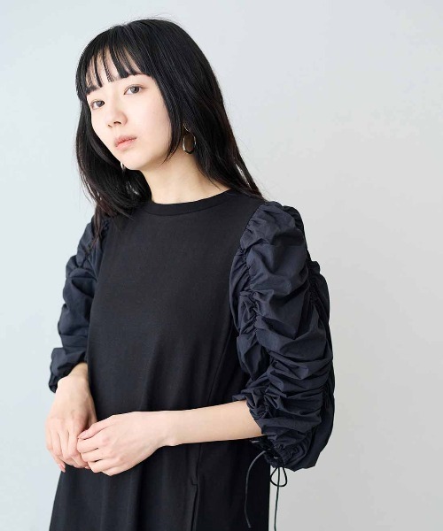 MEDE19F(メデジュウキュウ)の「MEDE19F 異素材スリーブワンピース(ワンピース・レディース・ブラック×ホワイト/ブラック×ブラック・LL/M/L/3L/MP)」の7枚目の写真