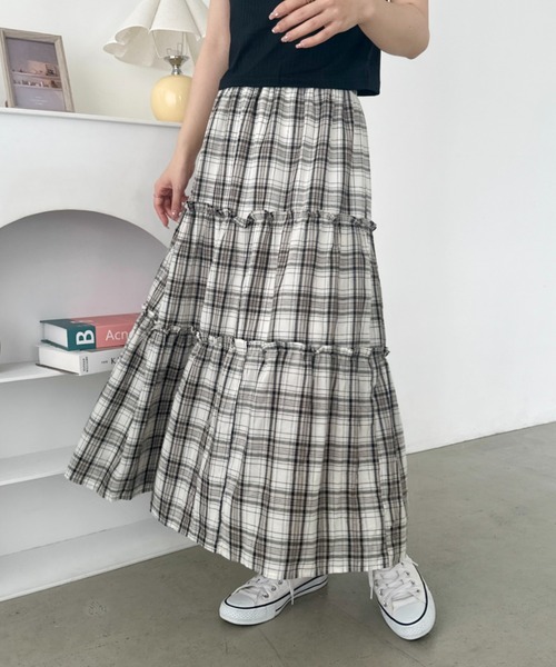 セール】無地/チェック柄ティアードロングスカート（スカート）｜CLEA
