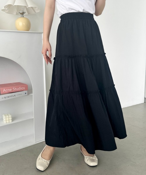 セール】無地/チェック柄ティアードロングスカート（スカート）｜CLEA