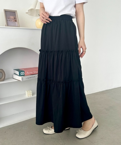 セール】無地/チェック柄ティアードロングスカート（スカート）｜CLEA