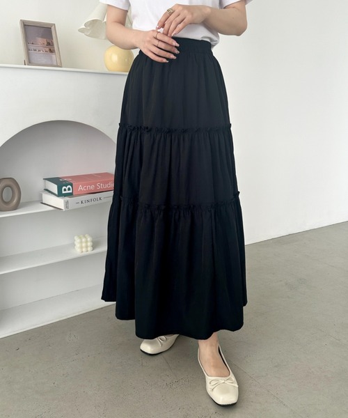 セール】無地/チェック柄ティアードロングスカート（スカート）｜CLEA