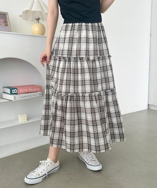 セール】無地/チェック柄ティアードロングスカート（スカート）｜CLEA
