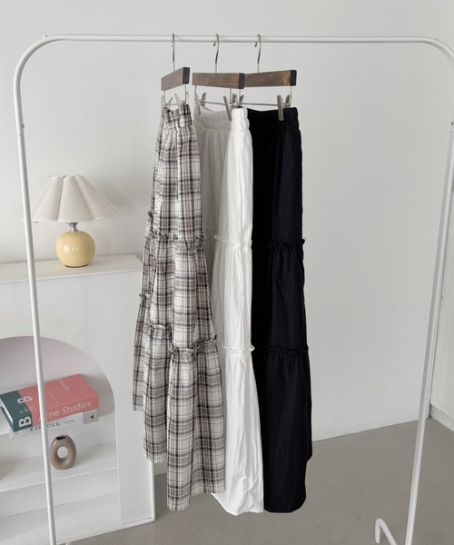 セール】無地/チェック柄ティアードロングスカート（スカート）｜CLEA