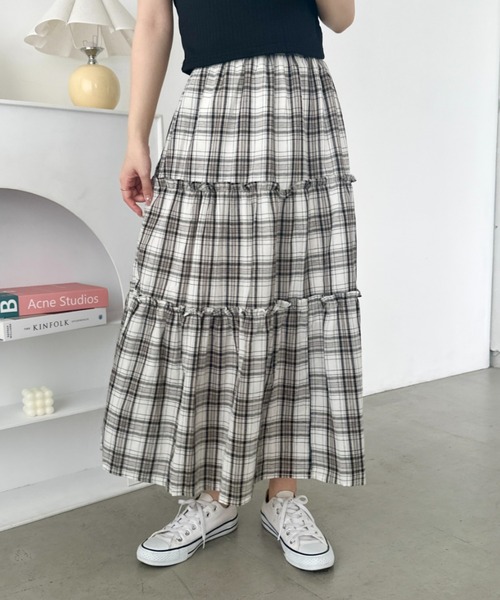セール】無地/チェック柄ティアードロングスカート（スカート）｜CLEA
