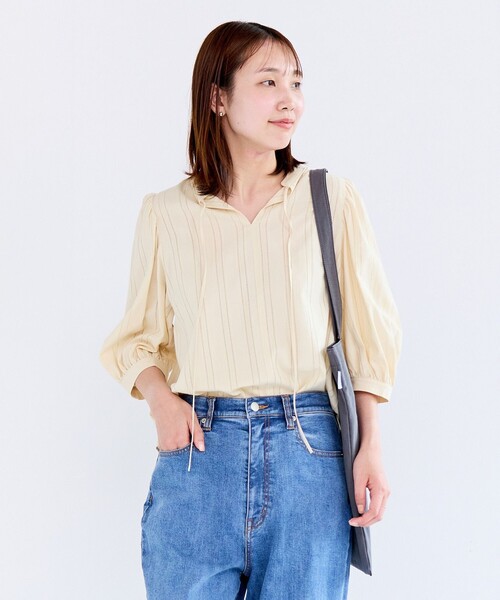 ブラウス シャツ 「洗える」ストライプレース 2WAY パフスリーブブラウス レディース 洗える】ストライプレース 2WAY パフスリーブブラウス / UNFILO