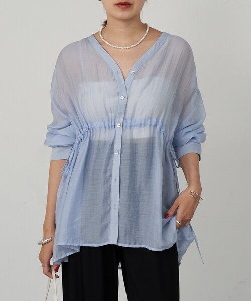 SHENERY（シーナリー）の「《新色追加！》シアーペプラムブラウス（シャツ/ブラウス・レディース・ライトグレー/オレンジ/アイボリー/ブルー/ブラウン・FREE）」の5枚目の写真