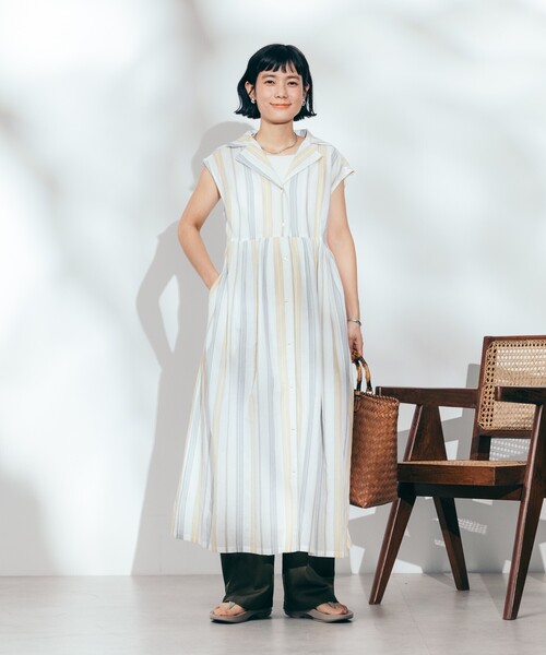 Madu Fabrica ノースリーブシャツワンピース セール】インド マルチストライプ ノースリーブVネック シャツ