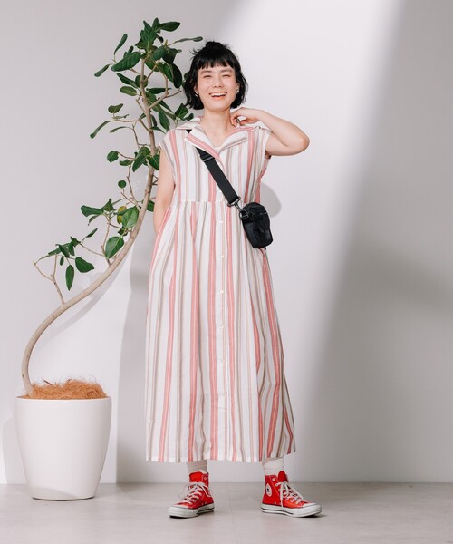 FREAK'S STORE（フリークスストア）の「インド マルチストライプ ノースリーブVネック シャツワンピース（シャツワンピース・レディース・ピンク/ブルー系その他/ネイビー/ワインレッド・ﾌﾘ-）」の22枚目の写真