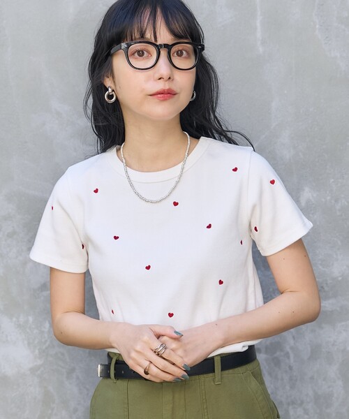 セール】ミニハート刺繍Tシャツ/リブTシャツ/コンパクトTシャツ