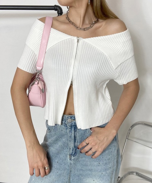 MABLI  半袖ニットトップス セール】ジップオフショルダー半袖ニットトップス（ニット
