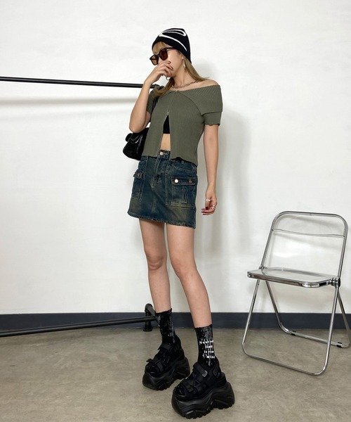 machatt 黒 オフショルダー ニット 半袖 トップス オフショルダートップス（ブラック） | MACHATT ONLINE STORE