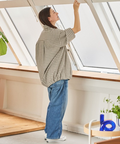 THE CRAFT CREW PRODUCTS（ザクラフトクループロダクツ）の「ビッグシルエット ドローコード ミニチェック レギュラーカラー半袖シャツ【THE CRAFT CREW PRODUCTS】（シャツ/ブラウス・メンズ・ライトグレー/ベージュ/ネイビー/ブラック/サックスブルー/グレー・S/M/L）」の11枚目の写真