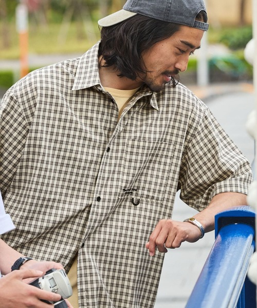 ビッグシルエット ドローコード ミニチェック レギュラーカラー半袖