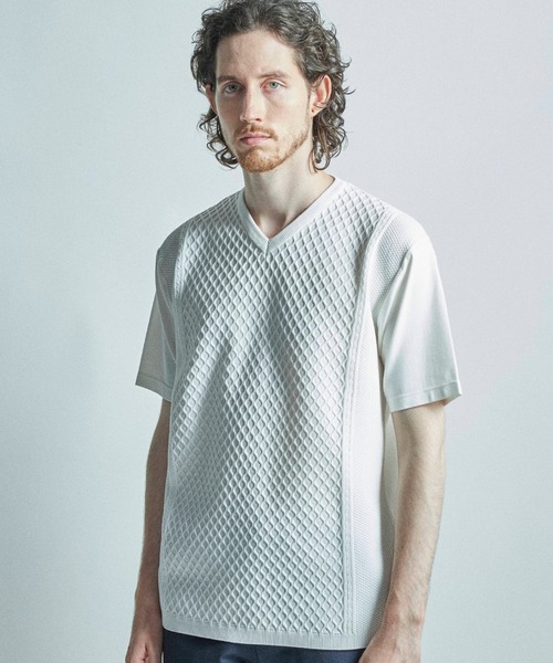 MEN'S BIGI(メンズビギ)の「サマーニットコンビVネック半袖Tシャツ(Tシャツ/カットソー・メンズ・グレー/ネイビー/ミント・02/03/04/01)」の2枚目の写真
