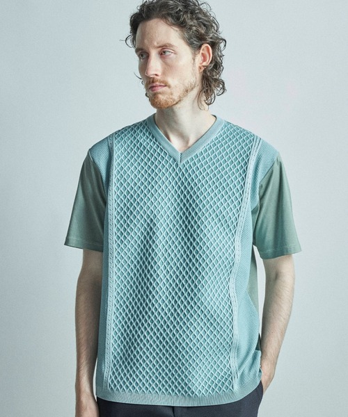 MEN'S BIGI(メンズビギ)の「サマーニットコンビVネック半袖Tシャツ(Tシャツ/カットソー・メンズ・グレー/ネイビー/ミント・02/03/04/01)」の3枚目の写真