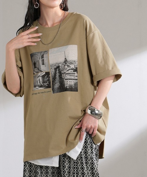 HUG.U(ハグユー)の「UVカット 接触冷感 プリントTシャツ(Tシャツ/カットソー・レディース・ライトベージュ/ブラック/ライトブルー/ダークグレー/ホワイト/ライトピンク・FREE)」の1枚目の写真