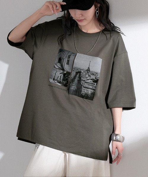 HUG.U(ハグユー)の「UVカット 接触冷感 プリントTシャツ(Tシャツ/カットソー・レディース・ライトベージュ/ブラック/ライトブルー/ダークグレー/ホワイト/ライトピンク・FREE)」の4枚目の写真