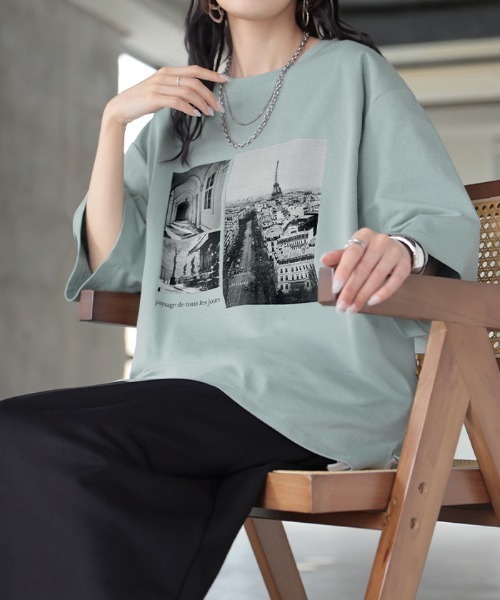 HUG.U(ハグユー)の「UVカット 接触冷感 プリントTシャツ(Tシャツ/カットソー・レディース・ライトベージュ/ブラック/ライトブルー/ダークグレー/ホワイト/ライトピンク・FREE)」の7枚目の写真