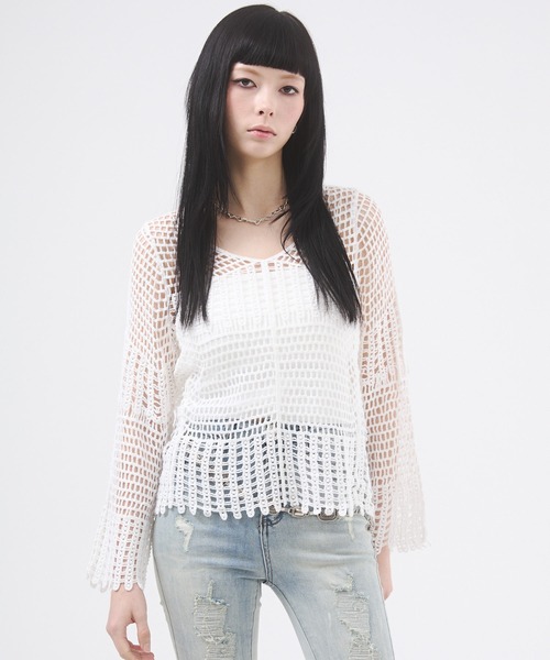 Go to Hollywood 25SS カラフルテープツカイ フレアスリーブT セール】クロシェ風フレアスリーブトップス（Tシャツ/カットソー