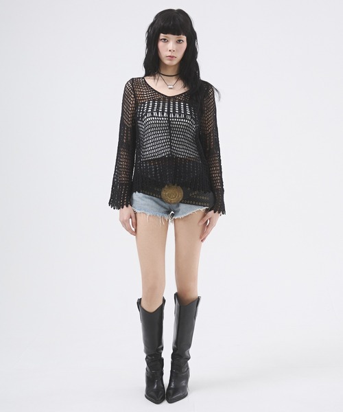 Go to Hollywood 25SS カラフルテープツカイ フレアスリーブT セール】クロシェ風フレアスリーブトップス（Tシャツ/カットソー