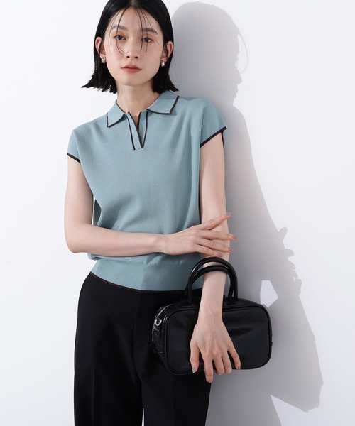 N.(N. Natural Beauty Basic)(エヌエヌナチュラルビューティーベーシック)の「ラメラインスキッパーポロニット(ポロシャツ・レディース・ネイビー/グリーン/オフホワイト・MEDIUM)」の2枚目の写真