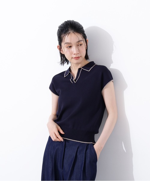 N.(N. Natural Beauty Basic)(エヌエヌナチュラルビューティーベーシック)の「ラメラインスキッパーポロニット(ポロシャツ・レディース・ネイビー/グリーン/オフホワイト・MEDIUM)」の4枚目の写真