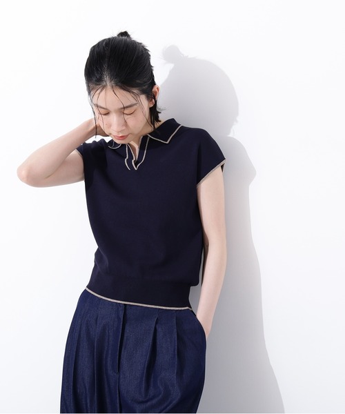 N.(N. Natural Beauty Basic)(エヌエヌナチュラルビューティーベーシック)の「ラメラインスキッパーポロニット(ポロシャツ・レディース・ネイビー/グリーン/オフホワイト・MEDIUM)」の7枚目の写真