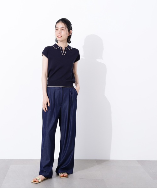 N.(N. Natural Beauty Basic)(エヌエヌナチュラルビューティーベーシック)の「ラメラインスキッパーポロニット(ポロシャツ・レディース・ネイビー/グリーン/オフホワイト・MEDIUM)」の8枚目の写真