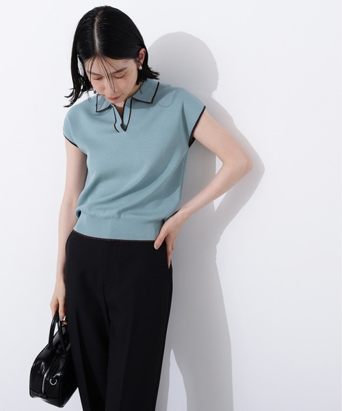 N.(N. Natural Beauty Basic)(エヌエヌナチュラルビューティーベーシック)の「ラメラインスキッパーポロニット(ポロシャツ・レディース・ネイビー/グリーン/オフホワイト・MEDIUM)」の12枚目の写真