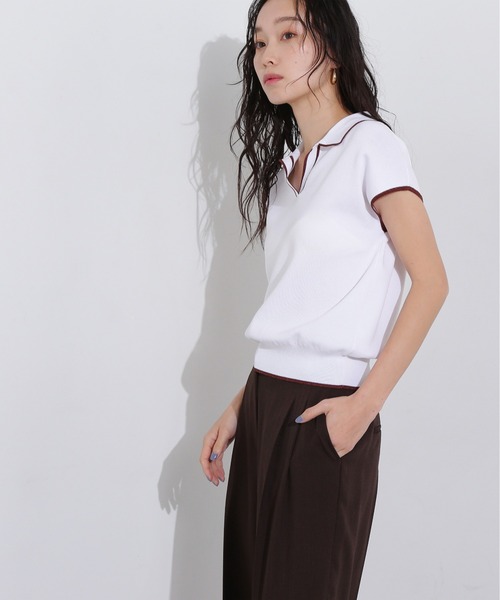 N.(N. Natural Beauty Basic)(エヌエヌナチュラルビューティーベーシック)の「ラメラインスキッパーポロニット(ポロシャツ・レディース・ネイビー/グリーン/オフホワイト・MEDIUM)」の21枚目の写真