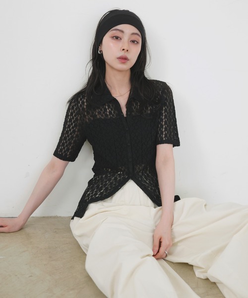 セール】フラワーレース半袖ポロシャツ（Tシャツ/カットソー