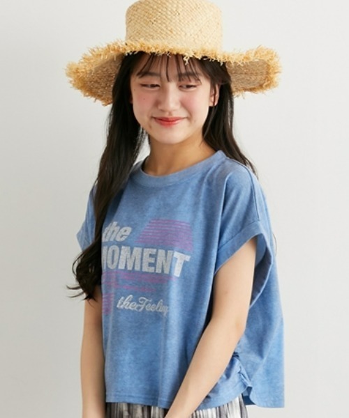 クロップド丈ヴィンテージ風プリントサイドギャザーTシャツ