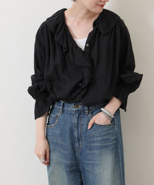 【新品タグ付き】フレンチリネン フリルパフブラウス　ネイビー JOURNAL STANDARD LUXE ブラウス シャツ 「追加」フレンチリネン