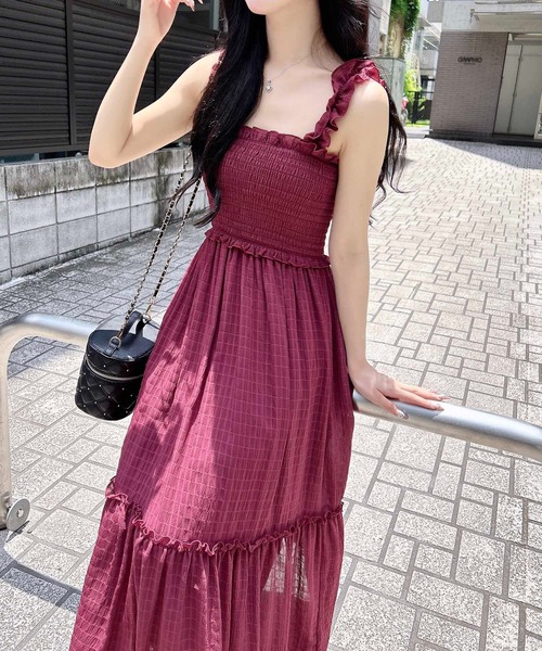 INGNI（イング）の「フリルシアーシャーリングワンピース（ワンピース・レディース・ボルドー/オフホワイト/ブラック・M）」の3枚目の写真