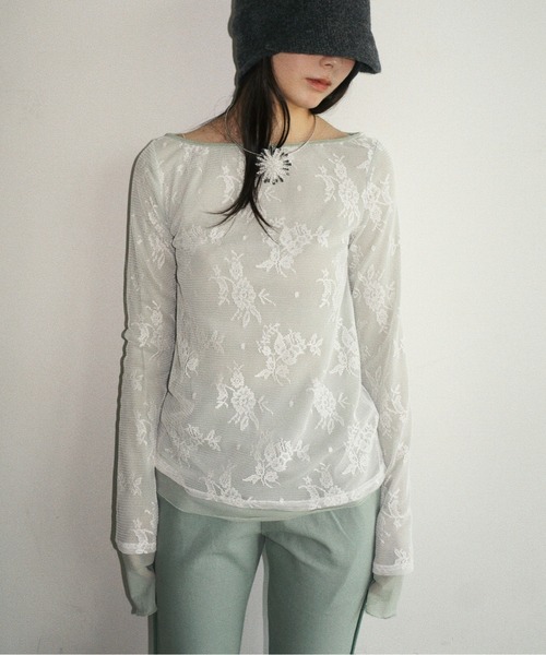 musubore（ムスボレ）の「layered lace tops / レイヤードレーストップス（Tシャツ/カットソー・レディース・ブラック/アイボリー/パープル/ダークブラック/ミント・FREE）」の4枚目の写真