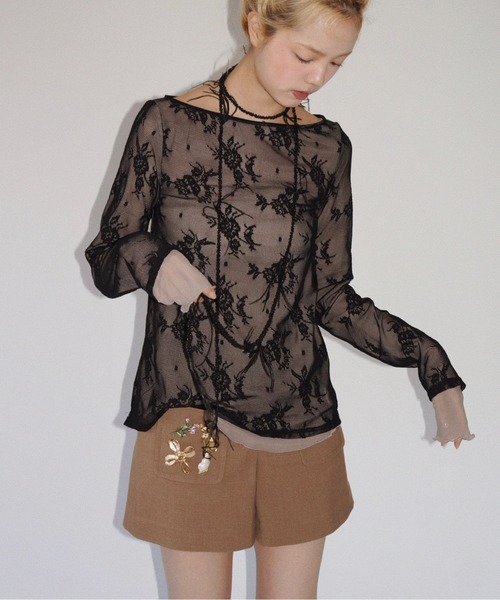 コムコム レース　レイヤード　カットソー　黒 コムコム レース レイヤード カットソー 黒