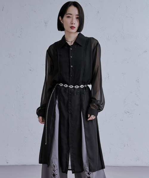 ReoNa ロングシャツ 白・黒　セット　タイムセール スリットコードロングシアーシャツ（シャツ/ブラウス）｜Ellno Loset