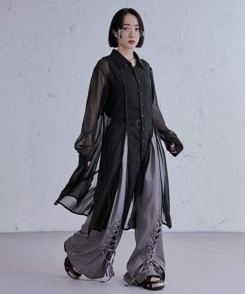 Ellno Loset(エルノロゼット)の「スリットコードロングシアーシャツ(シャツ/ブラウス・メンズ・ブラック/オフホワイト・MEDIUM/SMALL/LARGE)」の9枚目の写真