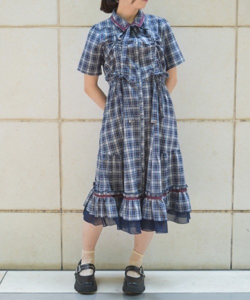 axes femme（アクシーズファム）の「リボン×チェック柄ワンピース（ワンピース・レディース・ワイン/ベージュ/ネイビー・FREE）」の3枚目の写真