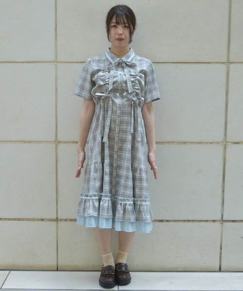 【2点セット】axesfemme★グレンチェック柄ワンピース、リボン付ブラウス axes femme - 【2点セット】axesfemme☆グレンチェック柄