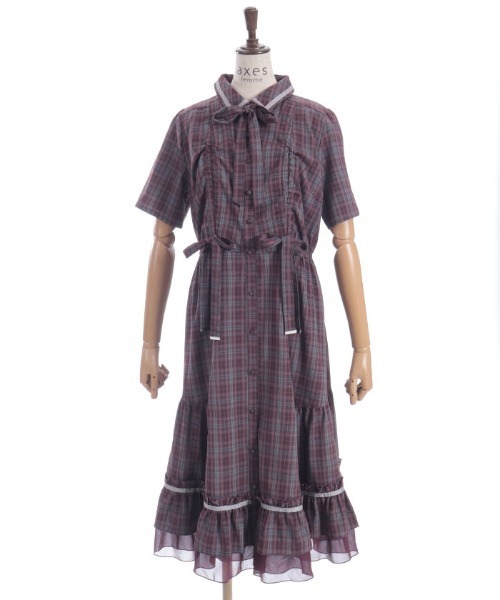 axes femme チェック 半袖ワンピース　ワインレッド花柄黒レース　リボン axes femme チェック 半袖ワンピース ワインレッド花柄黒レース