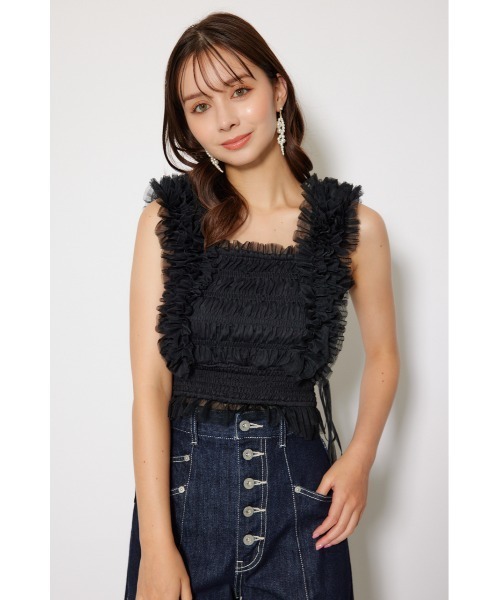 24SS ファッション Rirandture シアーラッフルノースリトップス 黒