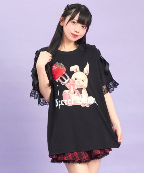 シークレットハニー Secret Honey 肩レースアップオリジナルプリントTシャツ （Sクロ） 肩レースアップオリジナルプリントTシャツ（Tシャツ/カットソー
