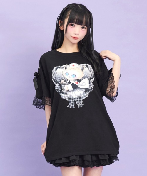 シークレットハニー Secret Honey 肩レースアップオリジナルプリントTシャツ （クロ） 肩レースアップオリジナルプリントTシャツ（Tシャツ/カットソー