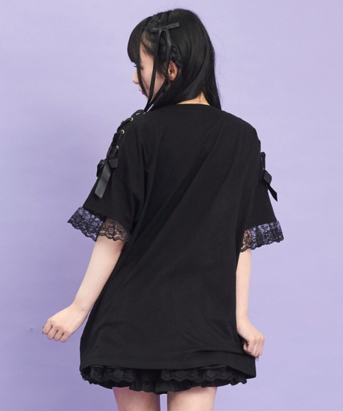 シークレットハニー Secret Honey 肩レースアップオリジナルプリントTシャツ （クロ） 肩レースアップオリジナルプリントTシャツ（Tシャツ/カットソー
